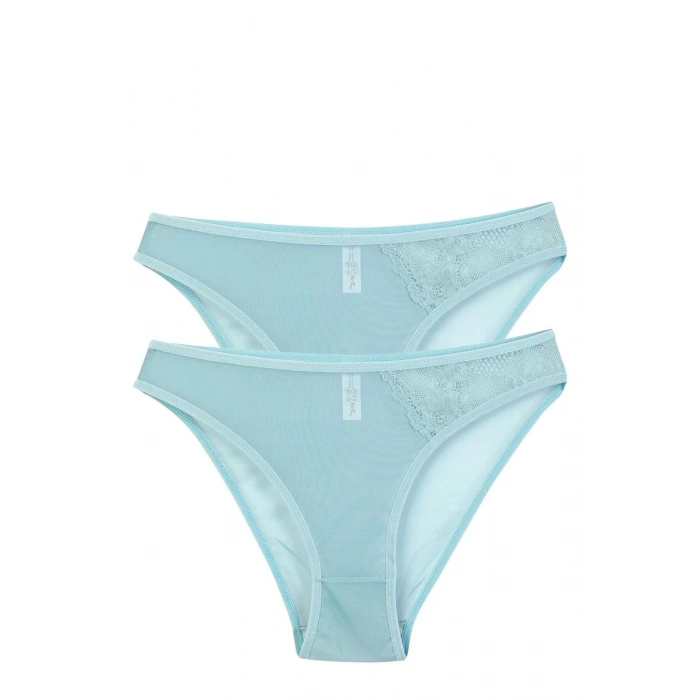 MARSiLYAN- Kadın Mavi Dantel Detaylı Transparan 2li Slip