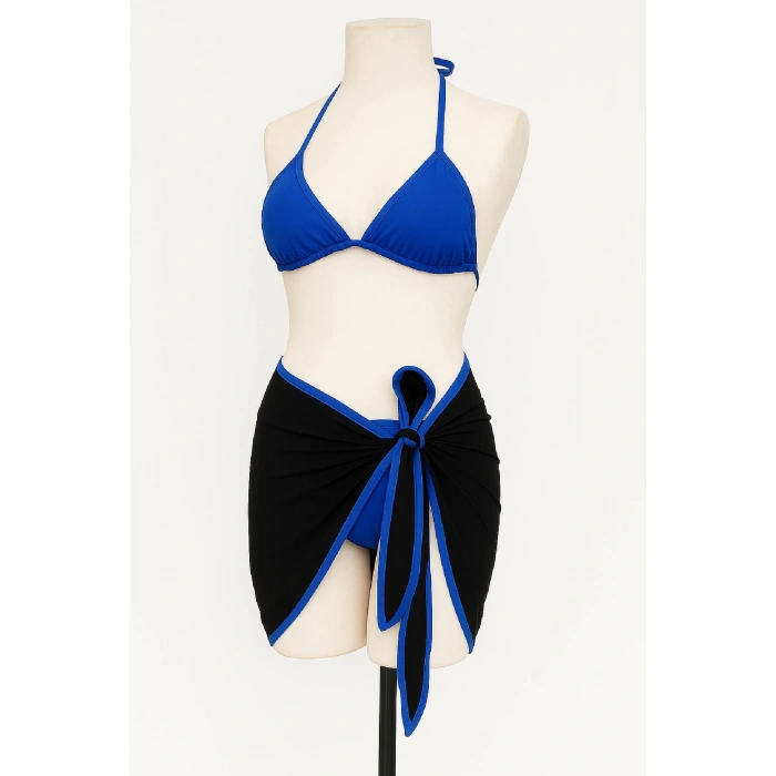 MARSiLYAN- Kadın Mavi Pareolu Yandan ve Boyundan Bağlamalı 3lü Bikini Takımı