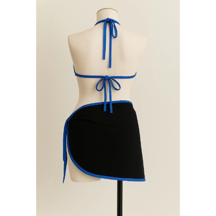 MARSiLYAN- Kadın Mavi Pareolu Yandan ve Boyundan Bağlamalı 3lü Bikini Takımı