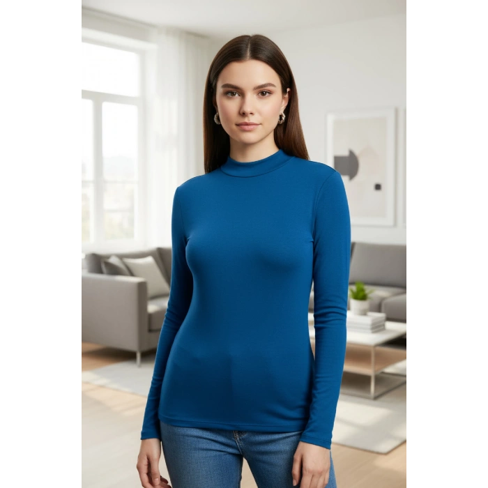 MARSiLYAN- Kadın Mavi Parmak Detaylı Esnek Uzun Kollu Body