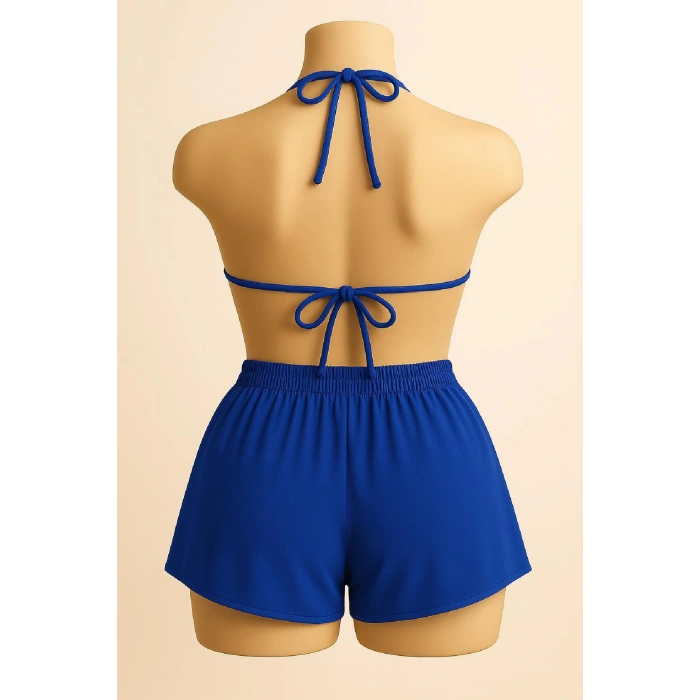 MARSiLYAN- Kadın Mavi Şortlu Belden ve Boyundan Bağlamalı Bikini Takımı