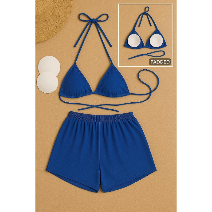 MARSiLYAN- Kadın Mavi Şortlu Belden ve Boyundan Bağlamalı Bikini Takımı