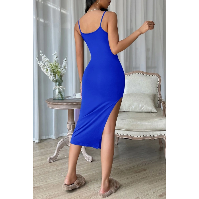 MARSiLYAN- Kadın Mavi Yırtmaçlı Diz Altı Vücüdu Saran Gecelik