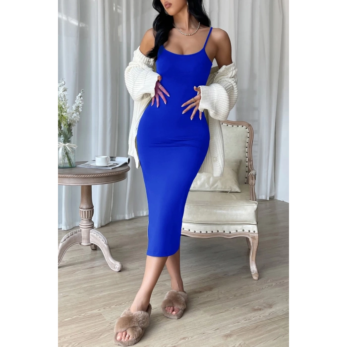 MARSiLYAN- Kadın Mavi Yırtmaçlı Diz Altı Vücüdu Saran Gecelik