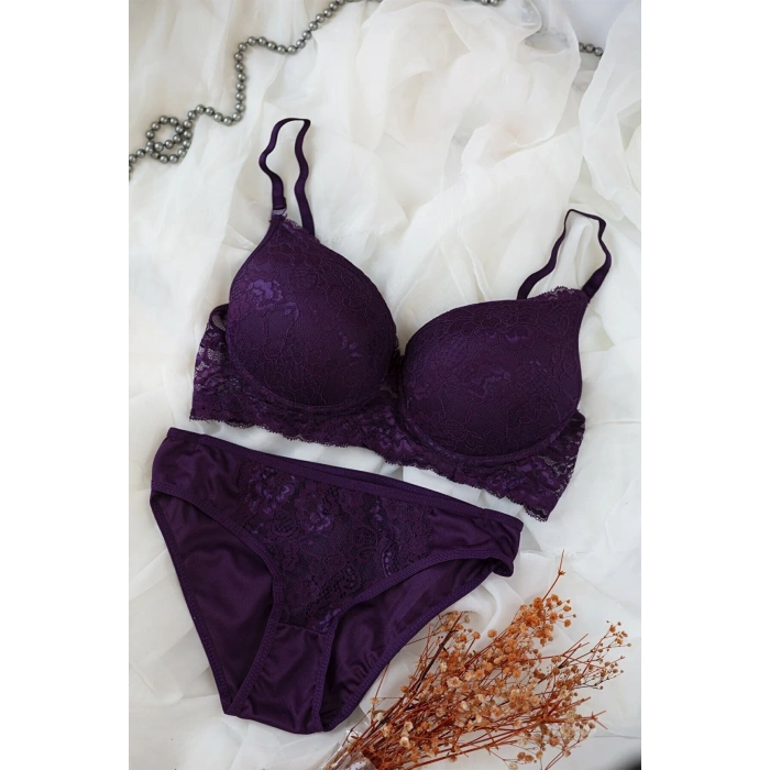 MARSiLYAN- Kadın Mor Dolgulu Dantel Sütyen Ve Külot Takım