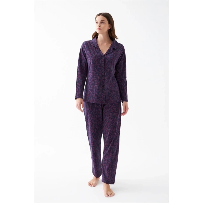 MARSiLYAN- Kadın Mor Düğmeli Yaka Detaylı Desenli Pamuklu Pijama Takımı