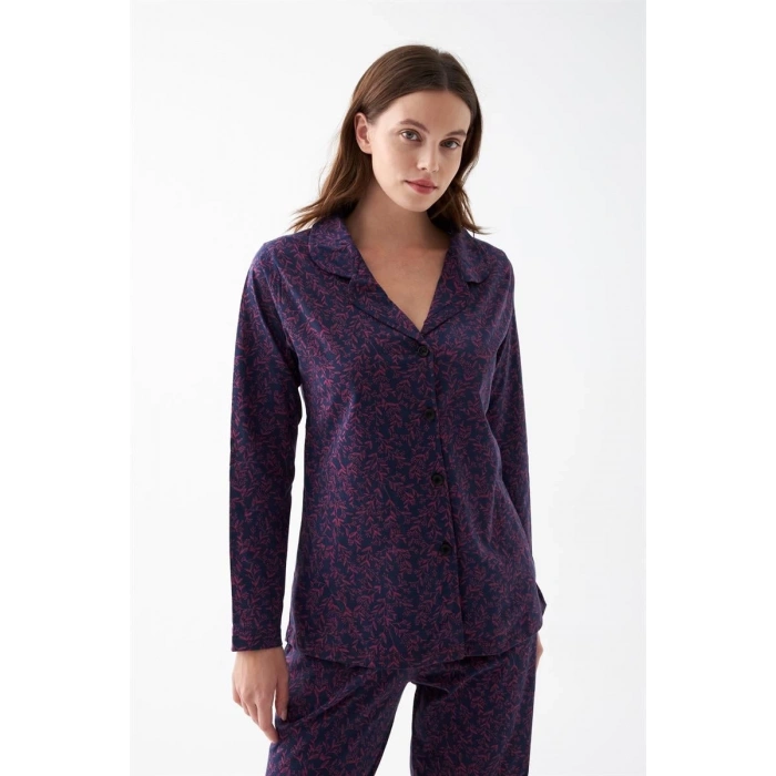 MARSiLYAN- Kadın Mor Düğmeli Yaka Detaylı Desenli Pamuklu Pijama Takımı