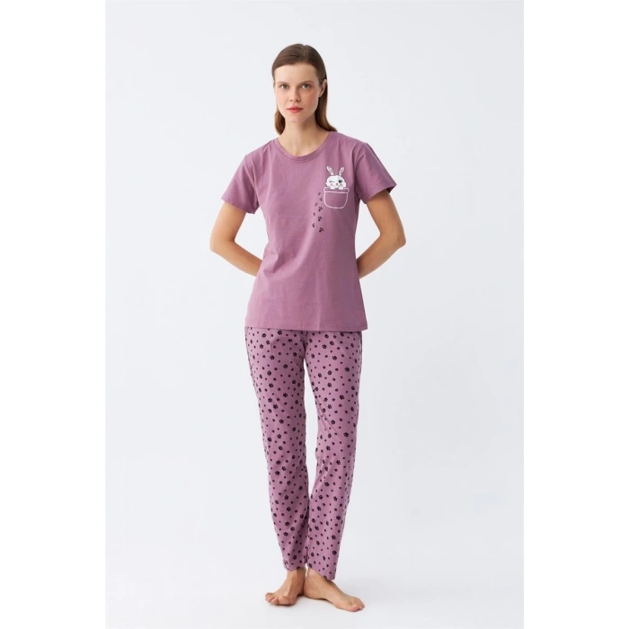 MARSiLYAN- Kadın Mor Patili Tavşan Baskılı Cepli Pijama Takımı