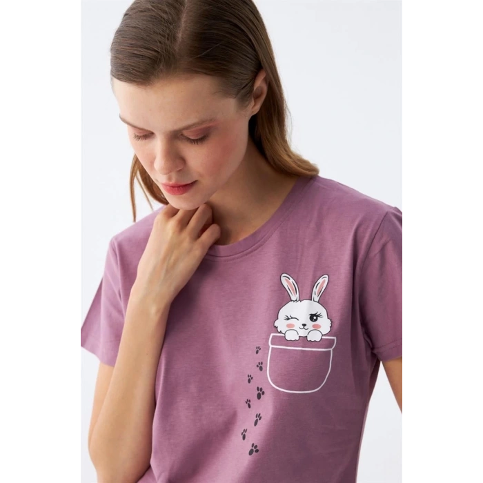 MARSiLYAN- Kadın Mor Patili Tavşan Baskılı Cepli Pijama Takımı