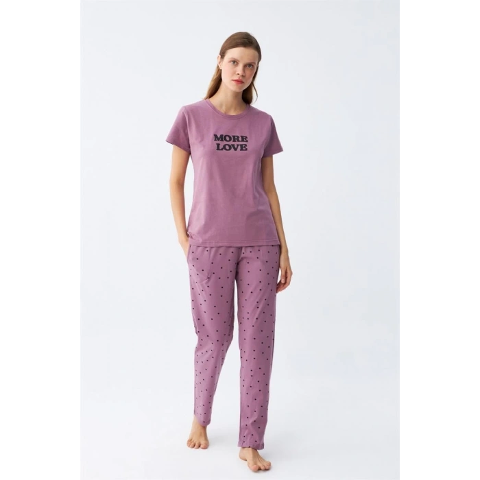 MARSiLYAN- Kadın Mor Yıldız Desenli Penye Kısa Kol Pijama Takımı