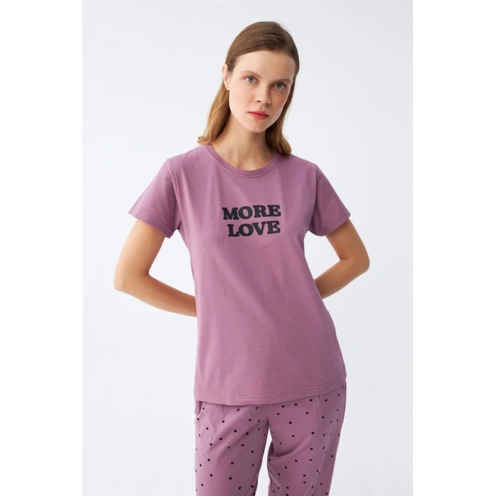 MARSiLYAN- Kadın Mor Yıldız Desenli Penye Kısa Kol Pijama Takımı