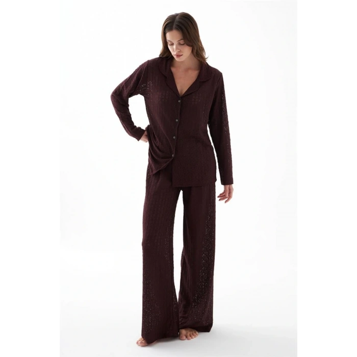 MARSiLYAN- Kadın Mürdüm Önden Düğmeli Rahat Kesim Pijama Takımı – Günlük Ev Giyim Seti