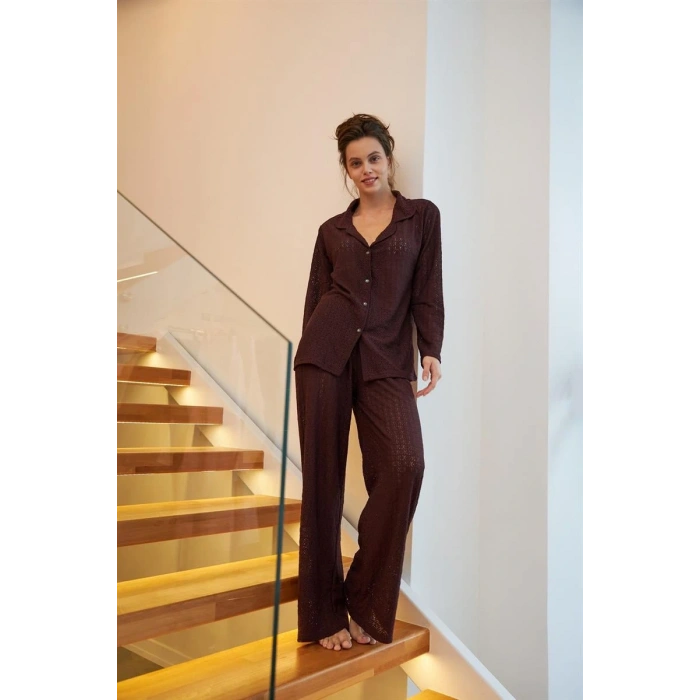 MARSiLYAN- Kadın Mürdüm Önden Düğmeli Rahat Kesim Pijama Takımı – Günlük Ev Giyim Seti