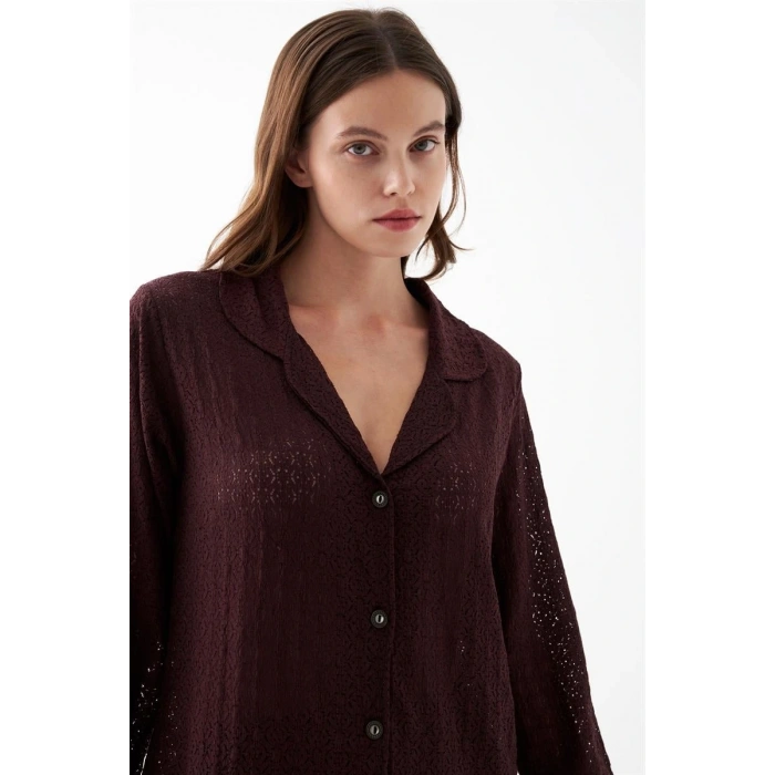 MARSiLYAN- Kadın Mürdüm Önden Düğmeli Rahat Kesim Pijama Takımı – Günlük Ev Giyim Seti