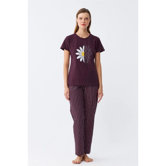 MARSiLYAN- Kadın Mürdüm Papatya Baskılı Kısa Kollu Penye Pijama Takımı