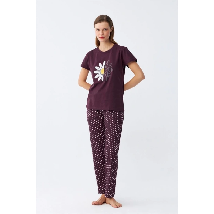 MARSiLYAN- Kadın Mürdüm Papatya Baskılı Kısa Kollu Penye Pijama Takımı