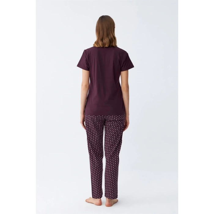 MARSiLYAN- Kadın Mürdüm Papatya Baskılı Kısa Kollu Penye Pijama Takımı