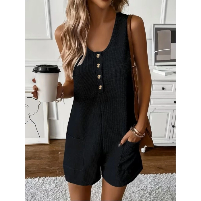 MARSiLYAN- Kadın Omuz Askılı önden Düğmeli Waffle Kısa Tulum