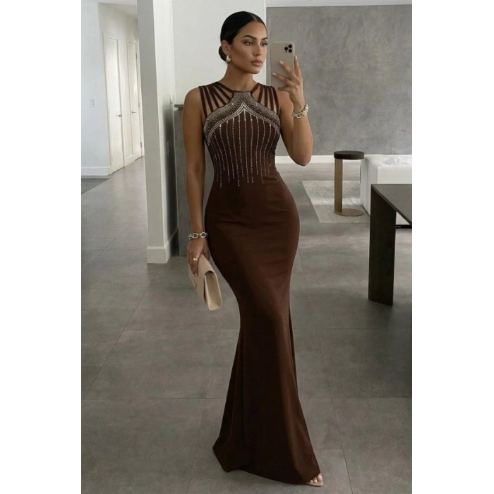 MARSiLYAN- Kadın Omuz çoklu Askılı önü Taş Işlemeli Balık Kesim Janjan Krep Maxi Boy Elbise