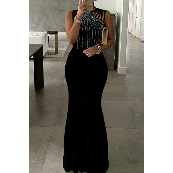 MARSiLYAN- Kadın Omuz çoklu Askılı önü Taş Işlemeli Balık Kesim Janjan Krep Maxi Boy Elbise
