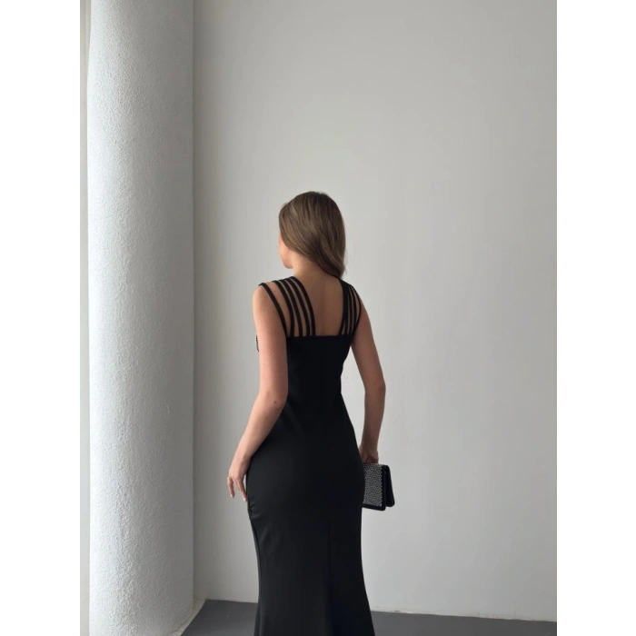 MARSiLYAN- Kadın Omuz çoklu Askılı önü Taş Işlemeli Balık Kesim Janjan Krep Maxi Boy Elbise