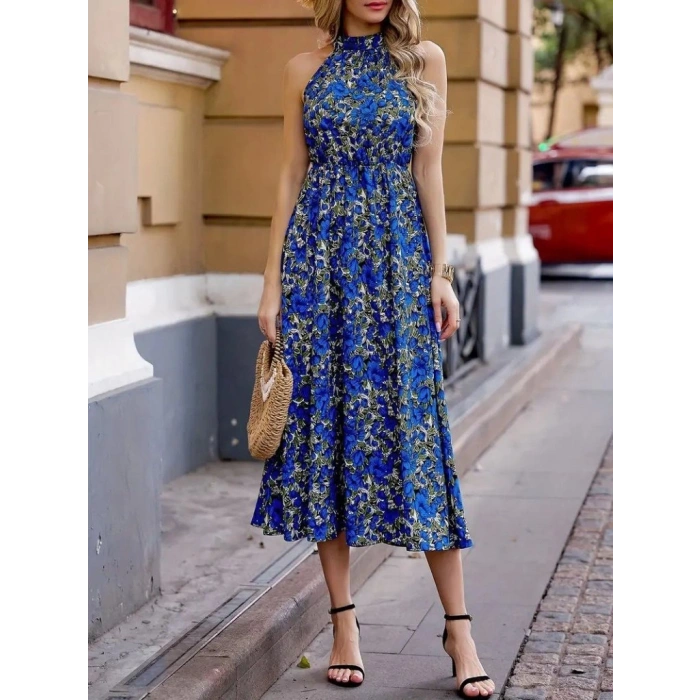 MARSiLYAN- Kadın Omuz Dekolteli Halter Yaka Desenli Maxi Süprem Elbise