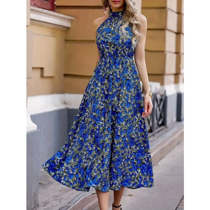 MARSiLYAN- Kadın Omuz Dekolteli Halter Yaka Desenli Maxi Süprem Elbise