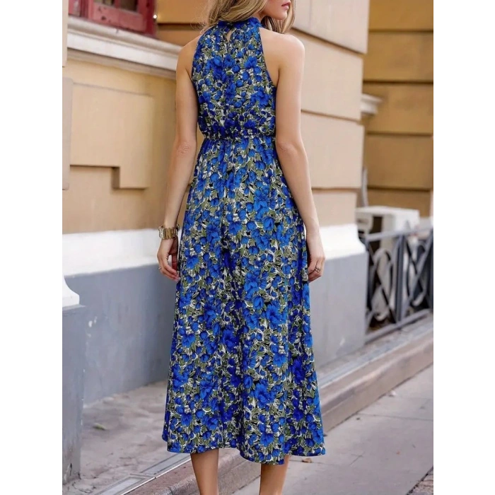 MARSiLYAN- Kadın Omuz Dekolteli Halter Yaka Desenli Maxi Süprem Elbise