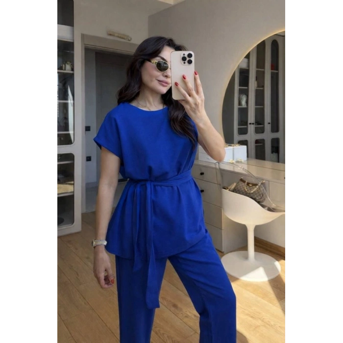 MARSiLYAN- Kadın Omuz Detay Kuşak Dahil Bluz Ve Pantolon Keten Kumaş Ikili Takım