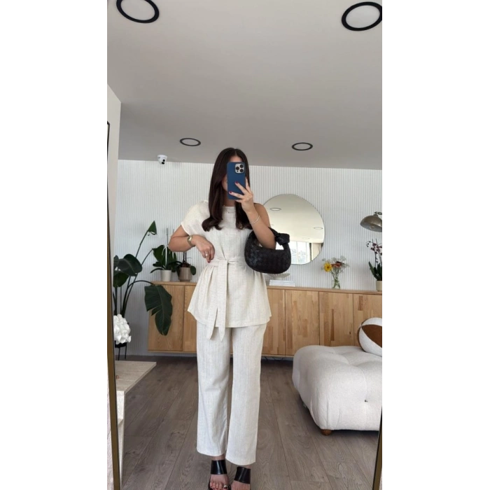 MARSiLYAN- Kadın Omuz Detay Kuşak Dahil Bluz Ve Pantolon Keten Kumaş Ikili Takım