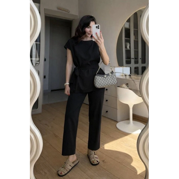 MARSiLYAN- Kadın Omuz Detay Kuşak Dahil Bluz Ve Pantolon Keten Kumaş Ikili Takım