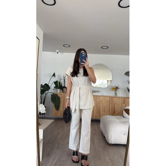 MARSiLYAN- Kadın Omuz Detay Kuşak Dahil Bluz Ve Pantolon Keten Kumaş Ikili Takım