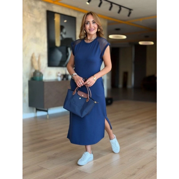 MARSiLYAN- Kadın Omuz File Detay Iki Yandan Yırtmaç Detay Yanları Yırtmaçlı Midi Boy Elbise