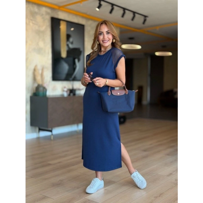 MARSiLYAN- Kadın Omuz File Detay Iki Yandan Yırtmaç Detay Yanları Yırtmaçlı Midi Boy Elbise