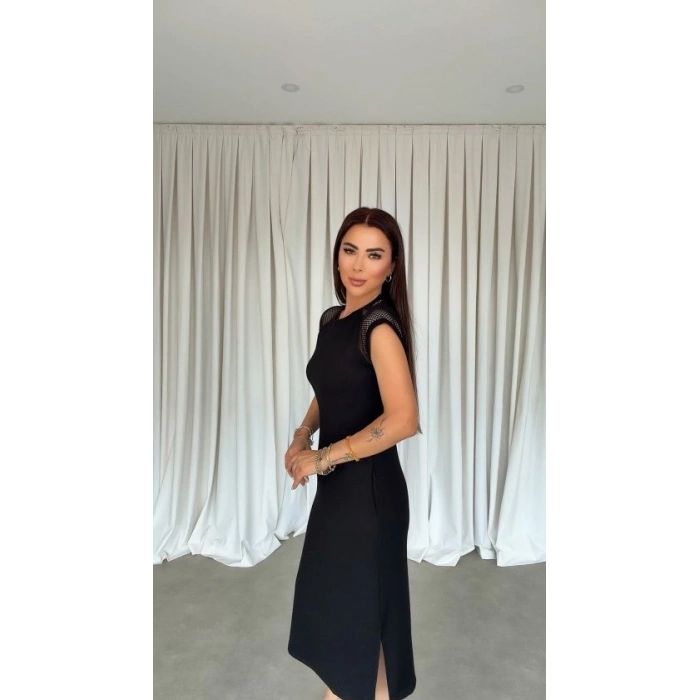 MARSiLYAN- Kadın Omuz File Detay Iki Yandan Yırtmaç Detay Yanları Yırtmaçlı Midi Boy Elbise