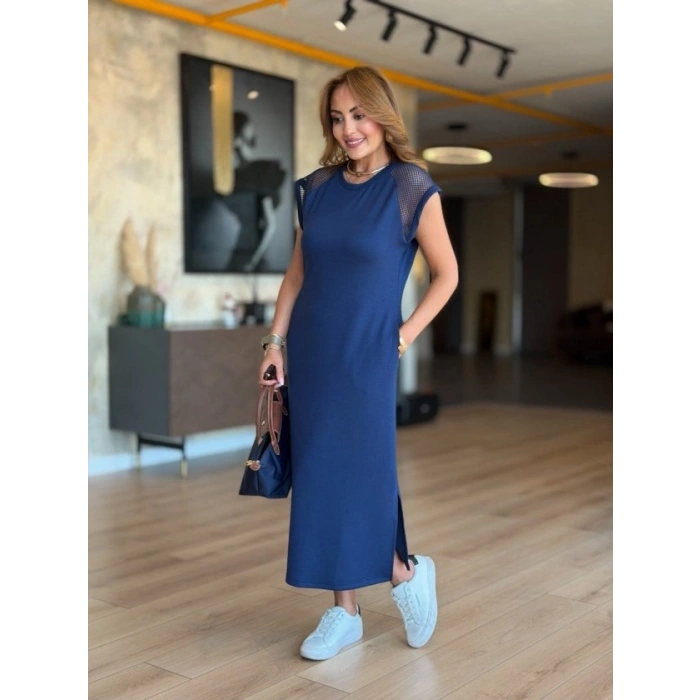MARSiLYAN- Kadın Omuz File Detay Iki Yandan Yırtmaç Detay Yanları Yırtmaçlı Midi Boy Elbise