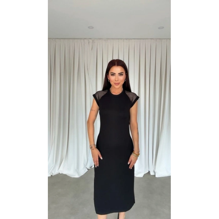 MARSiLYAN- Kadın Omuz File Detay Iki Yandan Yırtmaç Detay Yanları Yırtmaçlı Midi Boy Elbise