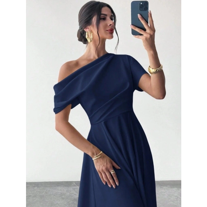 MARSiLYAN- Kadın Omuzdan Açık Kısa Kollu Omuzdan Pileli Uzun Janjan Krep Elbise