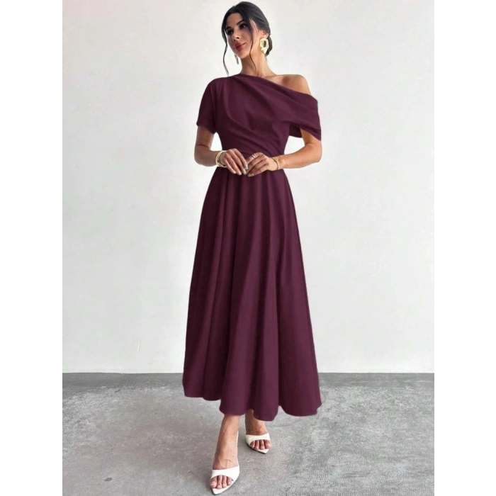 MARSiLYAN- Kadın Omuzdan Açık Kısa Kollu Omuzdan Pileli Uzun Janjan Krep Elbise