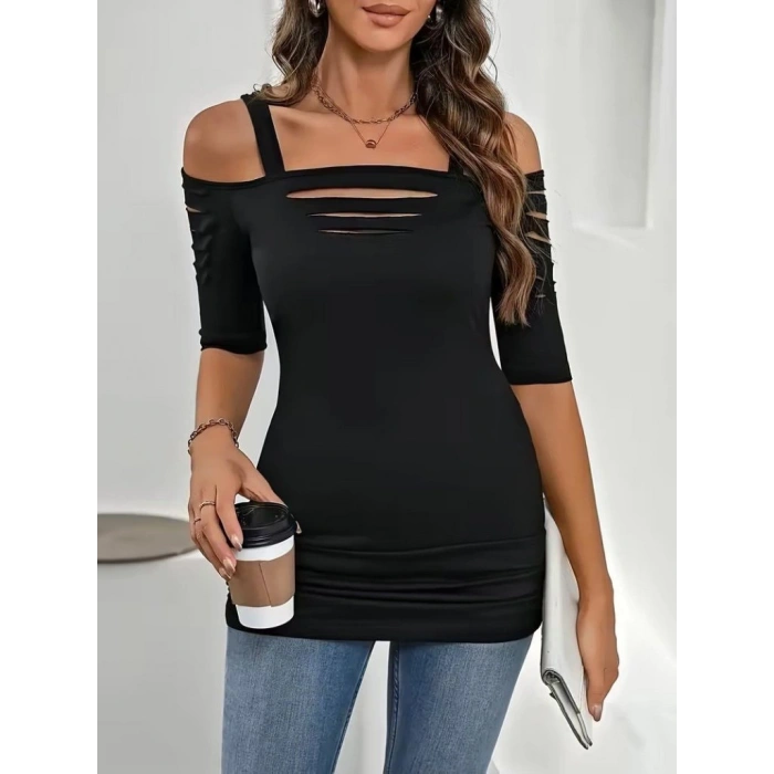 MARSiLYAN- Kadın Omuzlardan Açık Askılı Lazer Kesim Detaylı Viskon Bluz