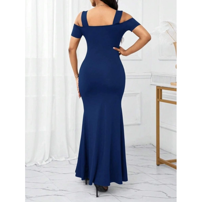 MARSiLYAN- Kadın Omuzlardan Açık Askılı Yırtmaç Detaylı Uzun Ithal Krep Elbise