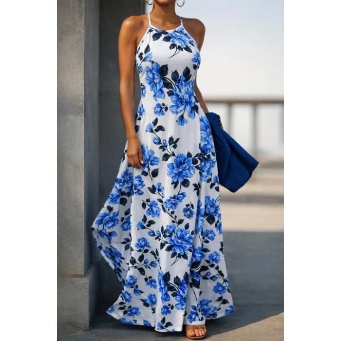 MARSiLYAN- Kadın Omuzlardan Açık Ip Askılı Desenli Uzun Süprem Elbise