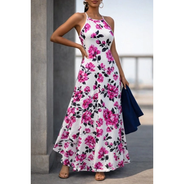 MARSiLYAN- Kadın Omuzlardan Açık Ip Askılı Desenli Uzun Süprem Elbise