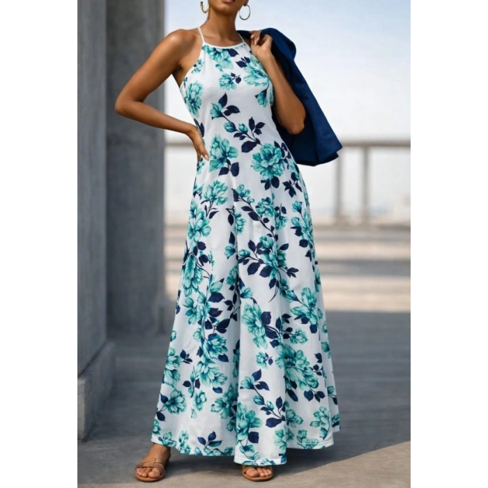 MARSiLYAN- Kadın Omuzlardan Açık Ip Askılı Desenli Uzun Süprem Elbise