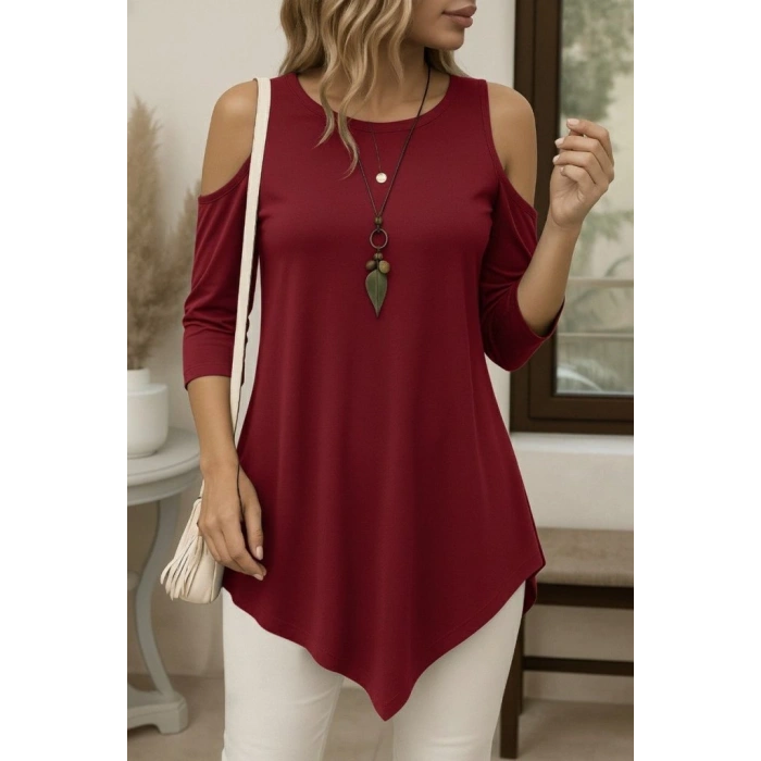 MARSiLYAN- Kadın Omuzlardan Açık Sıfır Yaka Asimetrik Kesim Detay Viskon Bluz