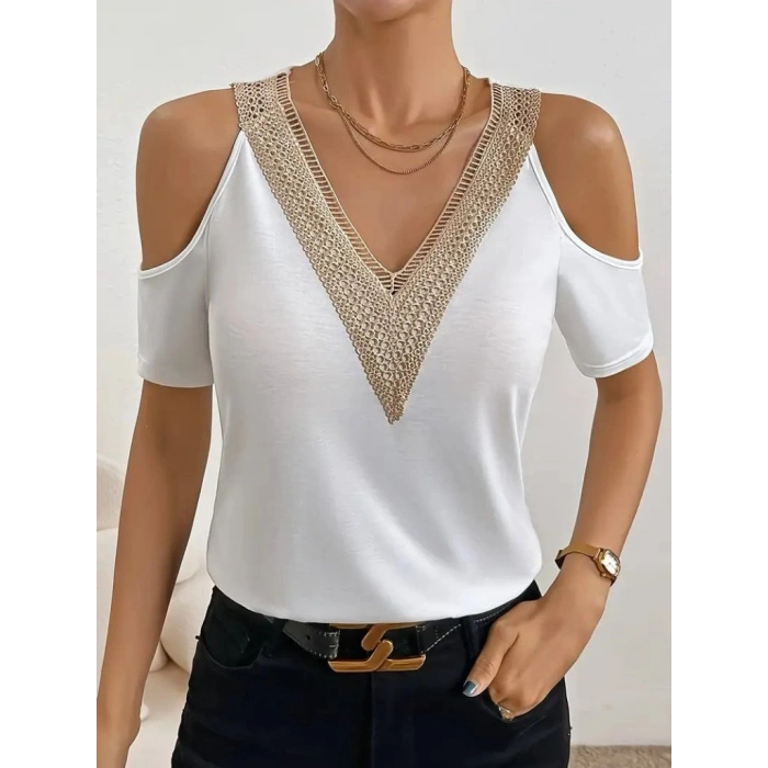 MARSiLYAN- Kadın Omuzlardan Açık V Yakalı Viskon Bluz