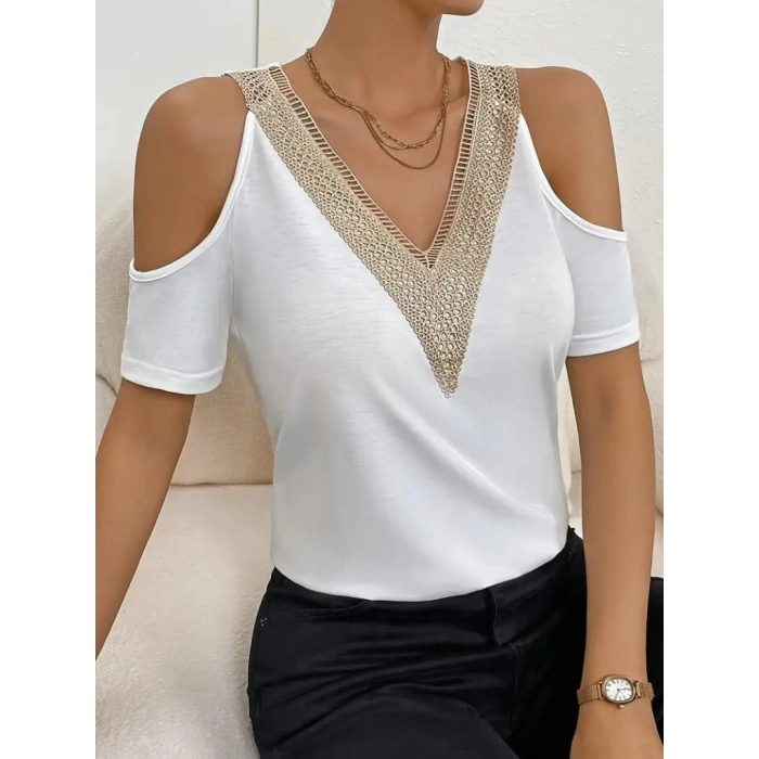 MARSiLYAN- Kadın Omuzlardan Açık V Yakalı Viskon Bluz