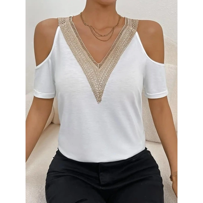 MARSiLYAN- Kadın Omuzlardan Açık V Yakalı Viskon Bluz