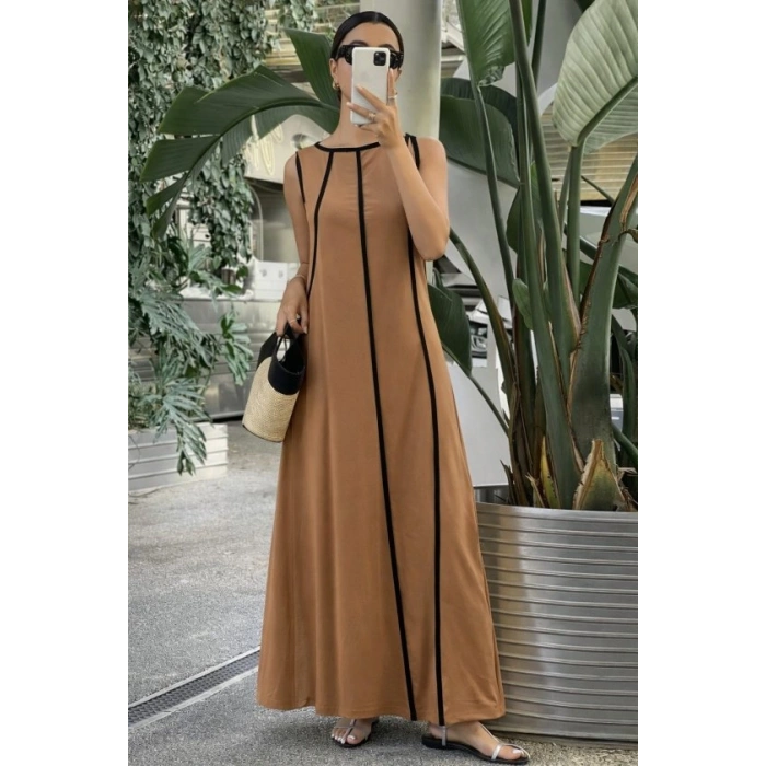 MARSiLYAN- Kadın Omuzlardan Açık Yaka Ince şerit Detaylı Uzun Viskon Elbise