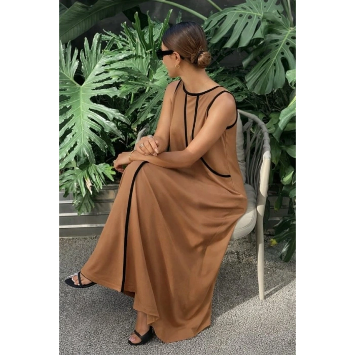 MARSiLYAN- Kadın Omuzlardan Açık Yaka Ince şerit Detaylı Uzun Viskon Elbise